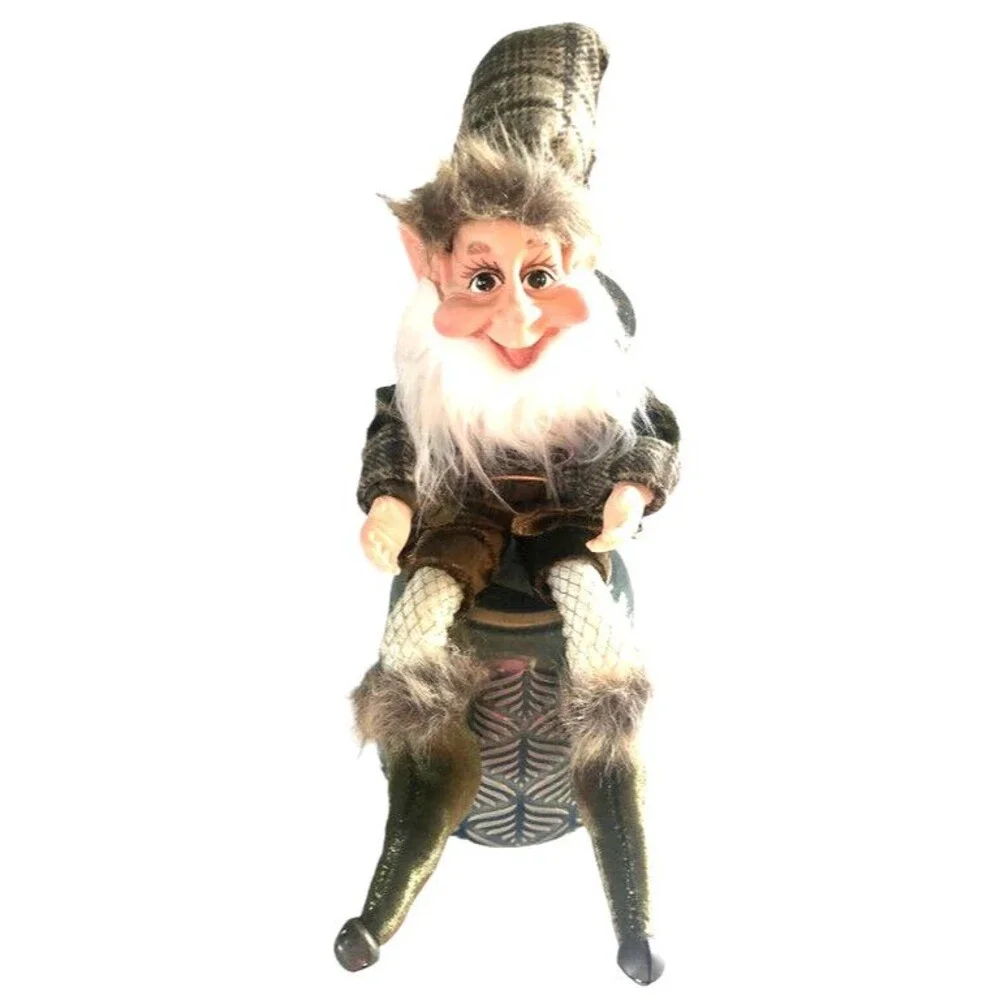 Christmas Pixie Elf Doll Gnome Gold Braid Trim Posable Hanging Bells Brown Plaid
